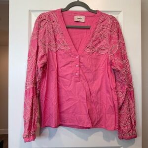 NWOT Freebird Women’s Pink Lace Detail Blouse Long Sleeves sz M
